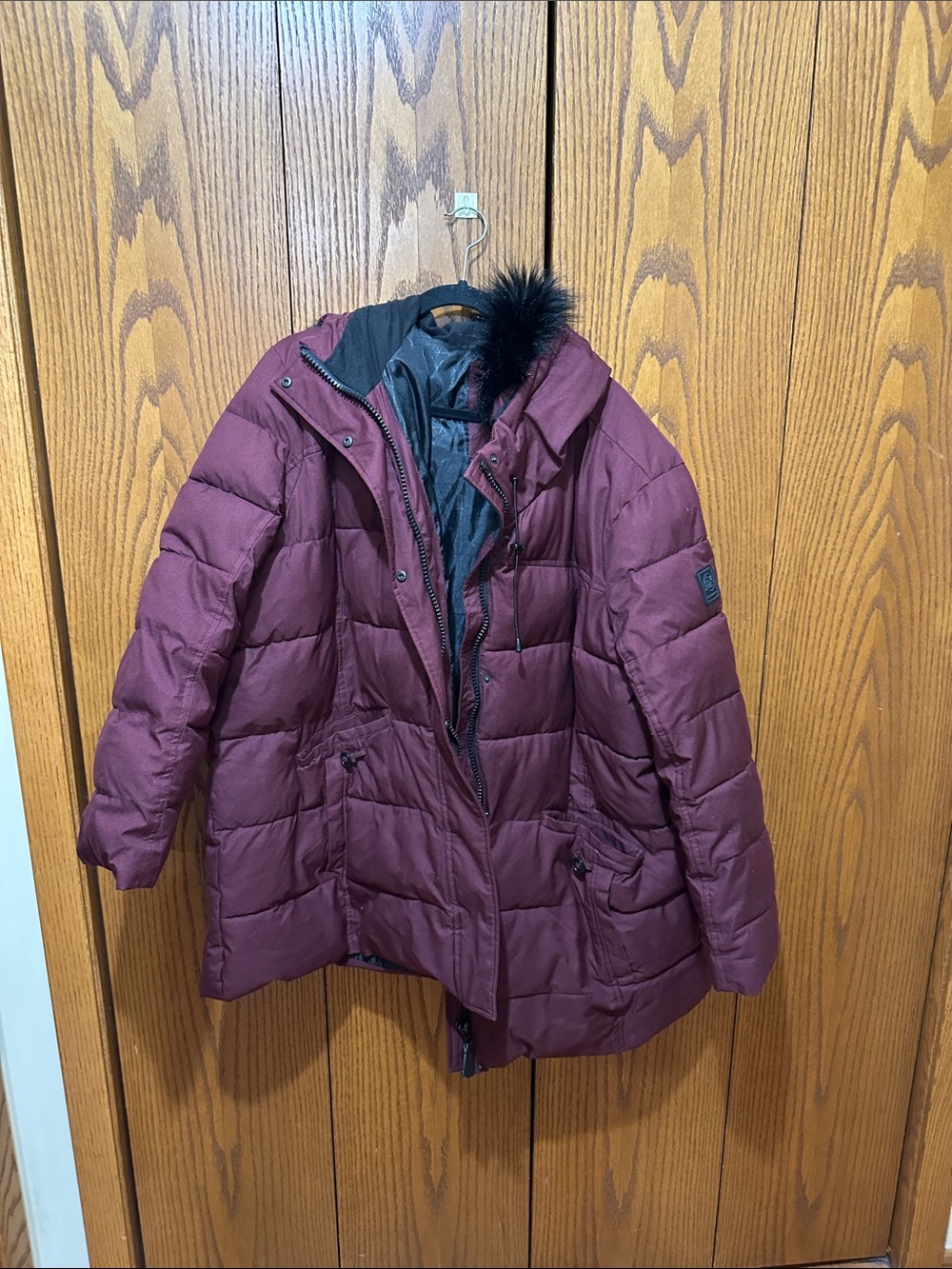 ZeroXposur Women's Wine Quilted Puffer Coat with Faux Fur Trim